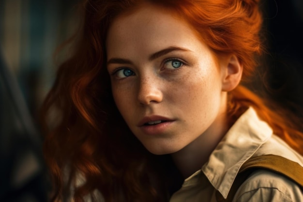 A woman with red hair and blue eyes looks into the camera.