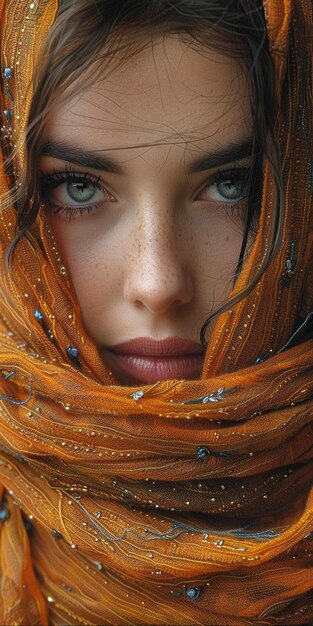 a woman with red hair and a blue eyes and a red and gold colored headband