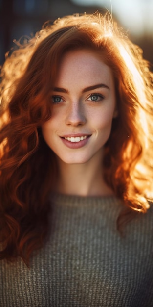 A woman with red hair and blue eyes smiles at the camera.