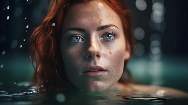 A woman with red hair and blue eyes swims in a pool with water in the background.