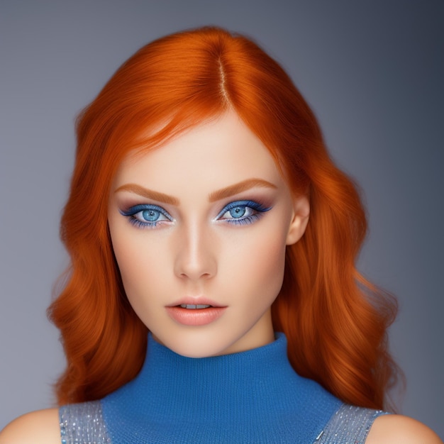 A woman with red hair and blue eyes