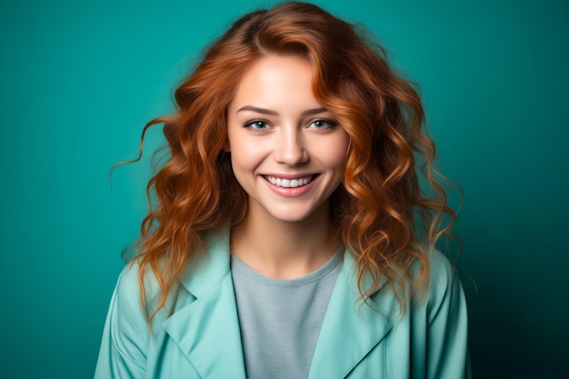 Woman with red hair and blue jacket smiling Generative AI