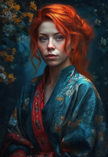 A woman with red hair and a blue kimono