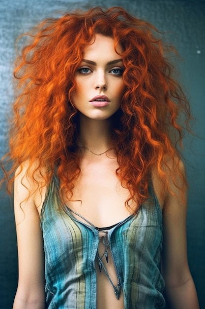 A woman with red hair and a blue shirt is wearing a blue tank top.