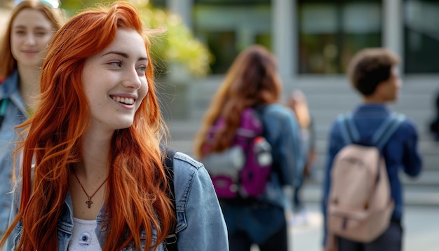 a woman with red hair and a blue shirt