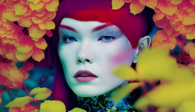 A woman with a red hair and a blue and yellow headdress with a red hair and a green headdress.