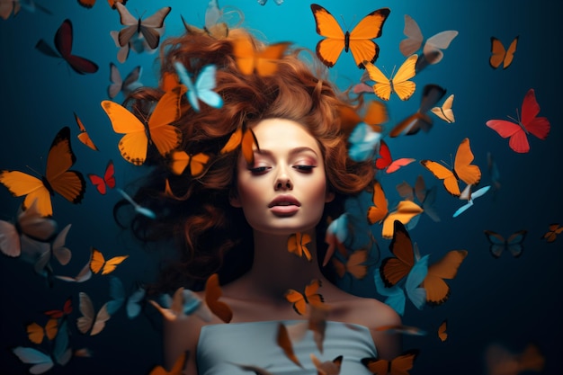 a woman with red hair and butterflies flying around her