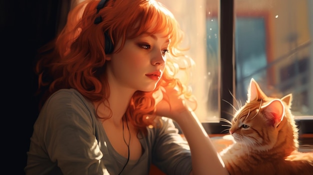 A woman with red hair and a cat looking out a window