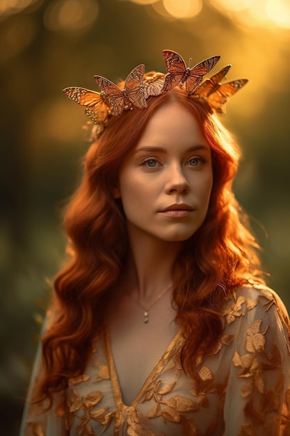 A woman with red hair and a crown of leaves on her head