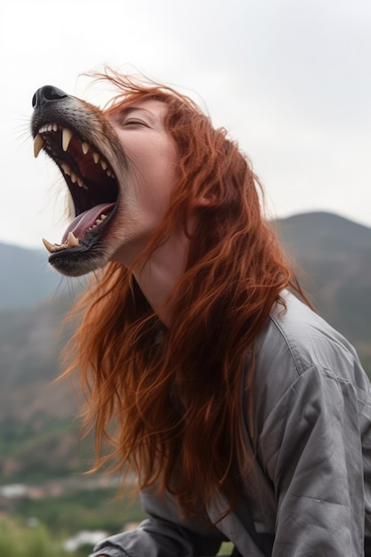 A woman with red hair and a dogs mouth