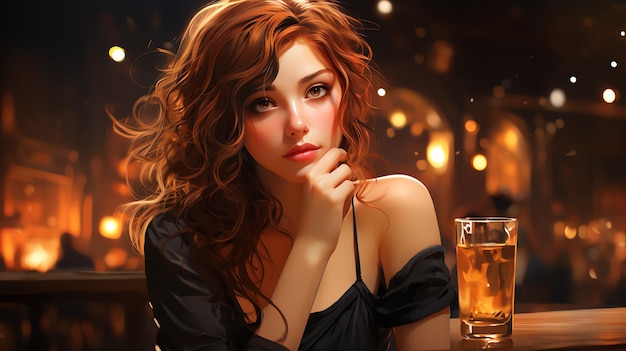 A woman with red hair and a drink