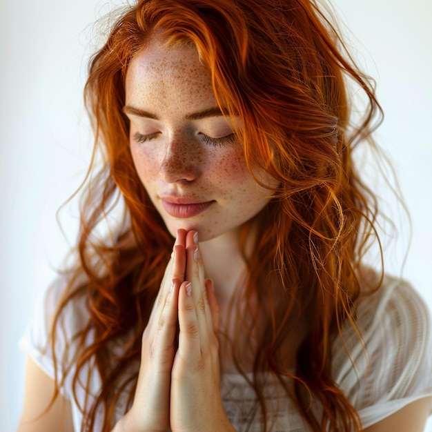 Photo a woman with red hair and eyes closed with her eyes closed