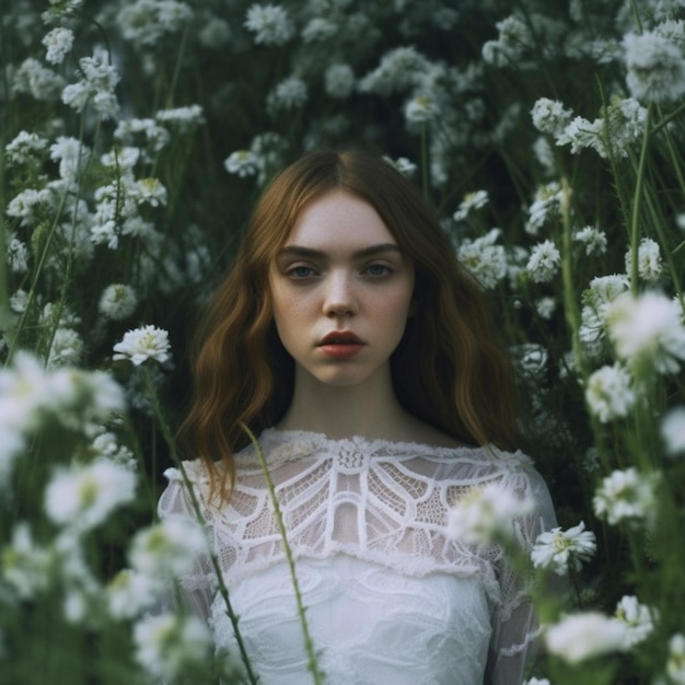 A woman with red hair in a field of flowers