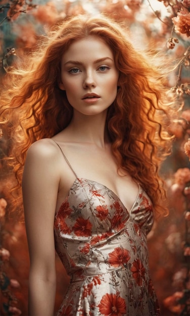 a woman with red hair and a floral print on her back is posing in front of a background of dried flo