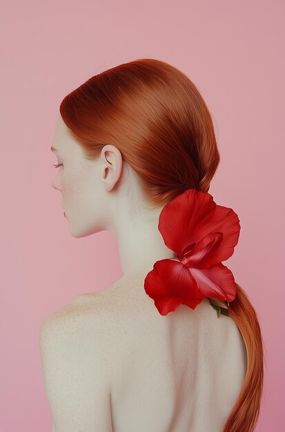 a woman with red hair and a flower in her hair