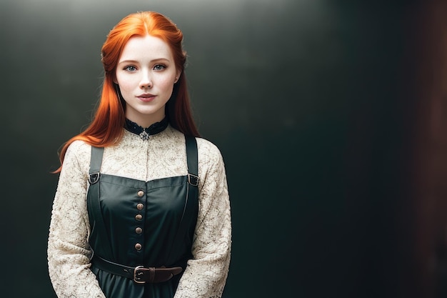 A woman with red hair and freckles looks into the camera