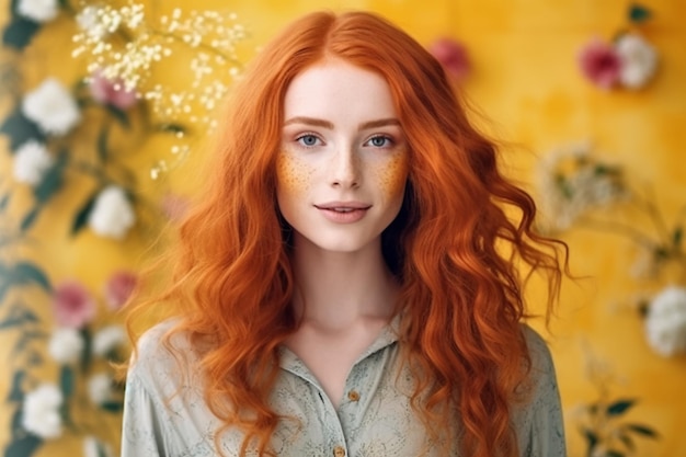 A woman with red hair and freckles stands in front of a yellow background