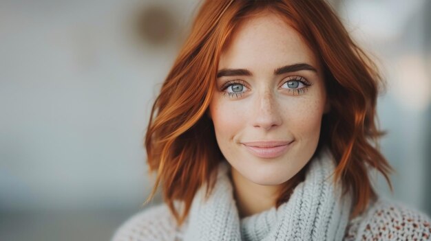 Photo woman with red hair and glasses posing against a neutral background