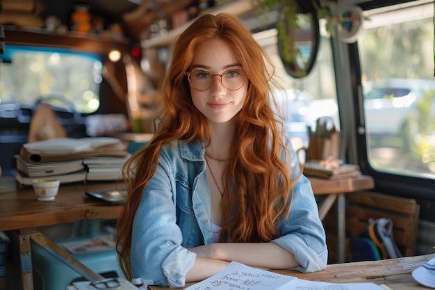 A woman with red hair and glasses sitting at a table