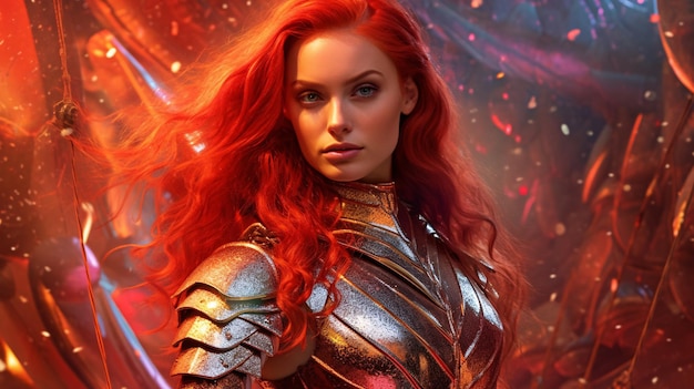 A woman with red hair and a gold costume stands in front of a glowing background.