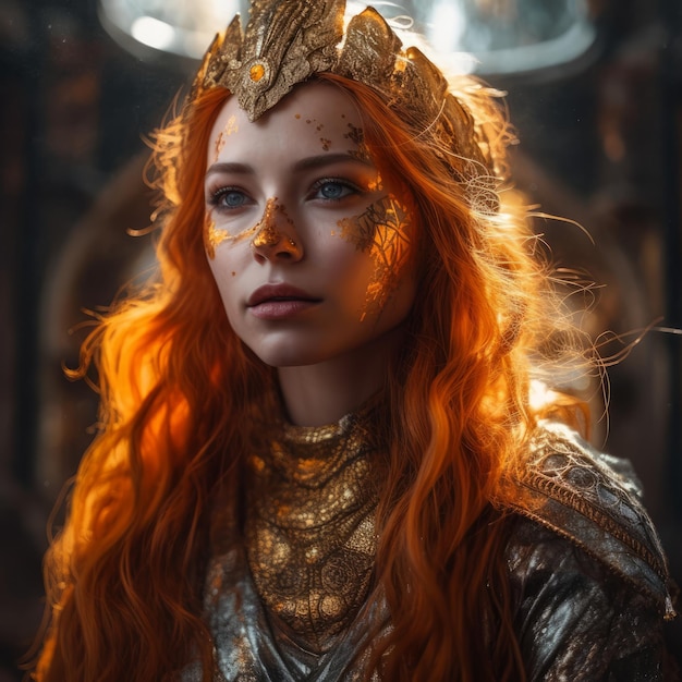 A woman with red hair and a gold crown on her head