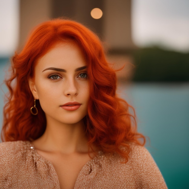 A woman with red hair and gold hoop earrings stands in front of a building.