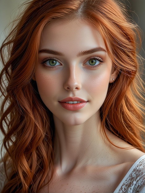 A Woman with red hair and green eyes is posing for a photo