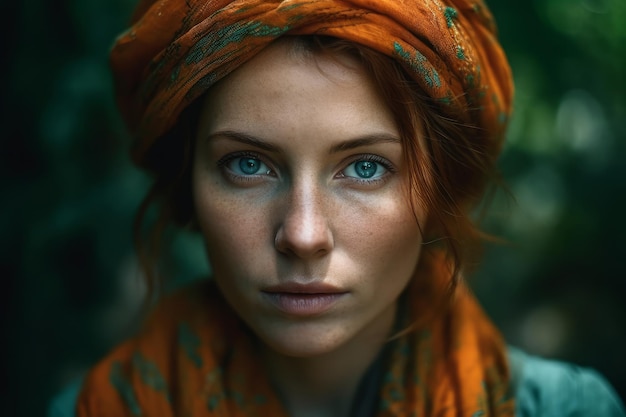 A woman with red hair and green eyes looks into the camera