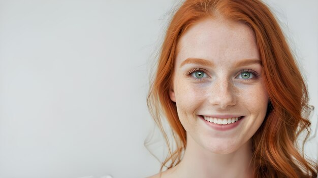 a woman with red hair and green eyes smiling