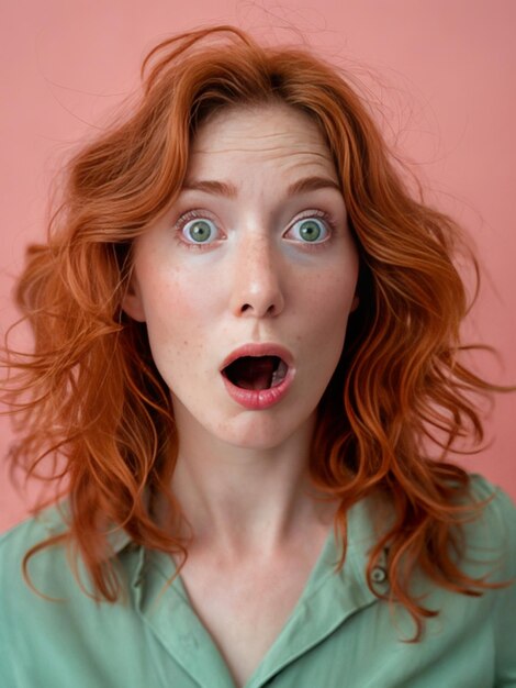 Photo a woman with red hair and green eyes who appears surprised she is wearing a green shirt