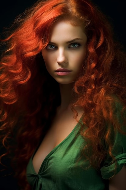 A woman with red hair and green eyes