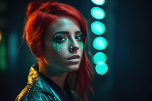 A woman with red hair and green glitter on her face