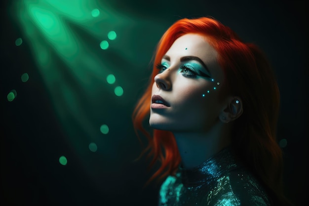 A woman with red hair and green glitter on her face