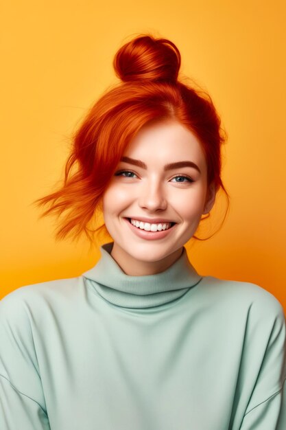 Woman with red hair and green turtle neck sweater Generative AI