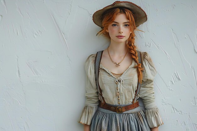 Photo a woman with red hair and a hat is posing with a hat on her head