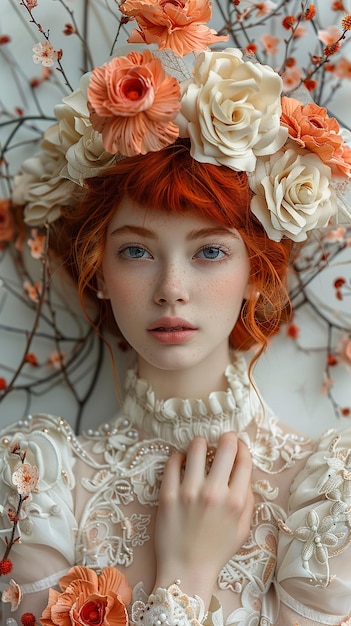 a woman with red hair and a hat with flowers on the head