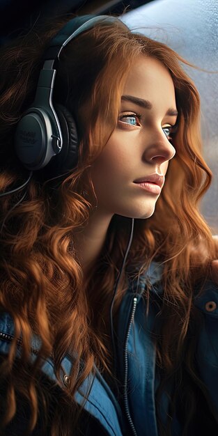 Photo a woman with red hair and headphones is looking out a window