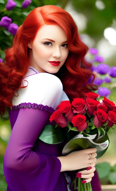 A woman with red hair holding a bouquet of roses.