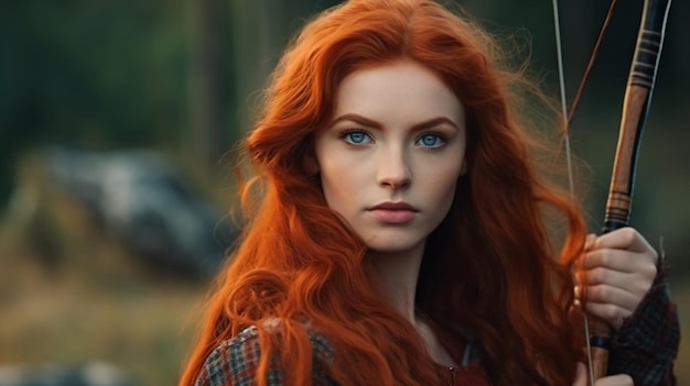 a woman with red hair holding a bow and arrow