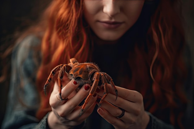 Woman with Red Hair Holding Spider Generative Ai