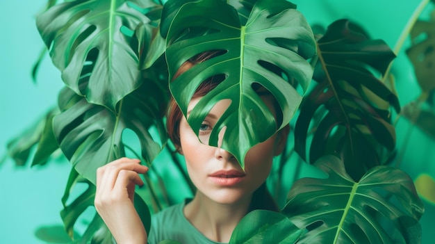 Photo a woman with red hair is covering her face with leaves