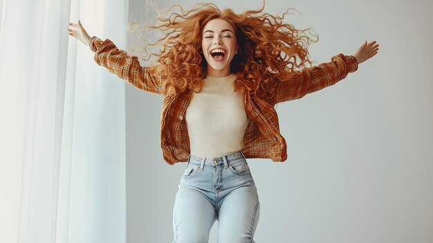 Photo a woman with red hair is dancing in a studio with a white wall behind her