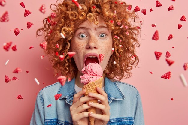 Photo a woman with red hair is eating an ice cream cone