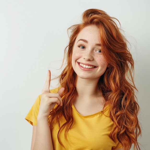 a woman with red hair is giving a peace sign