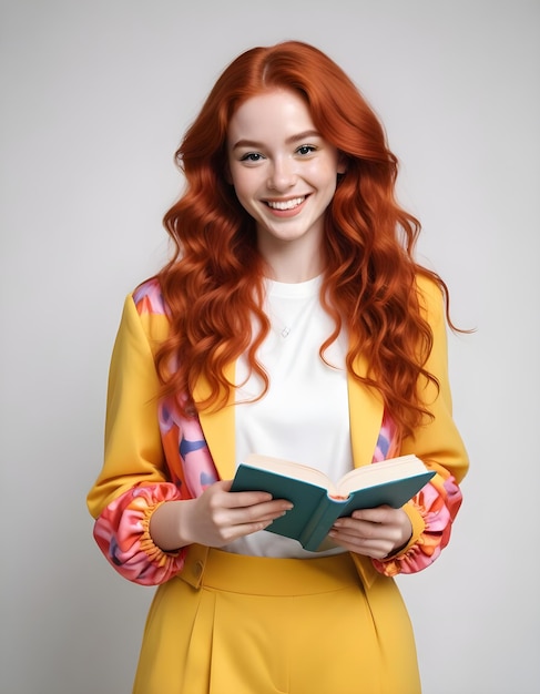 a woman with red hair is holding a book