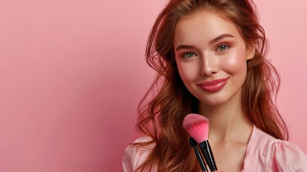 Photo a woman with red hair is holding a brush with a pink lip gloss