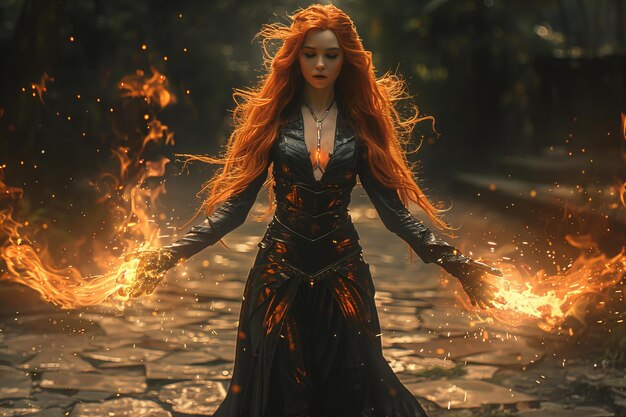 Photo a woman with red hair is holding fire flames