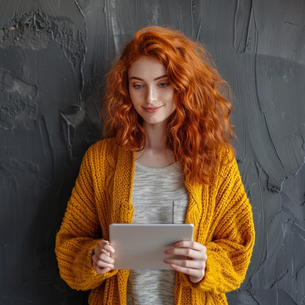 Photo a woman with red hair is holding a tablet with a white tablet in her hands