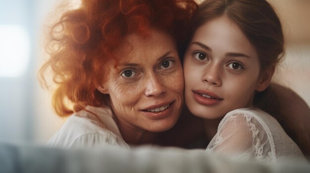 Woman with red hair is hugging young girl