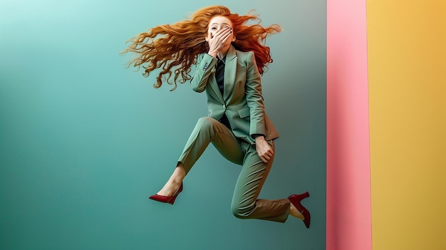 a woman with red hair is jumping in the air with her mouth open